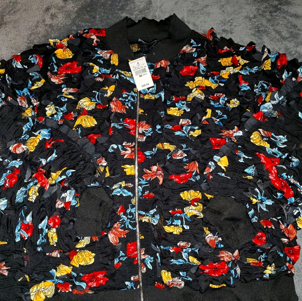 FLORAL RUFFLE AND MESH BOMBER JACKET